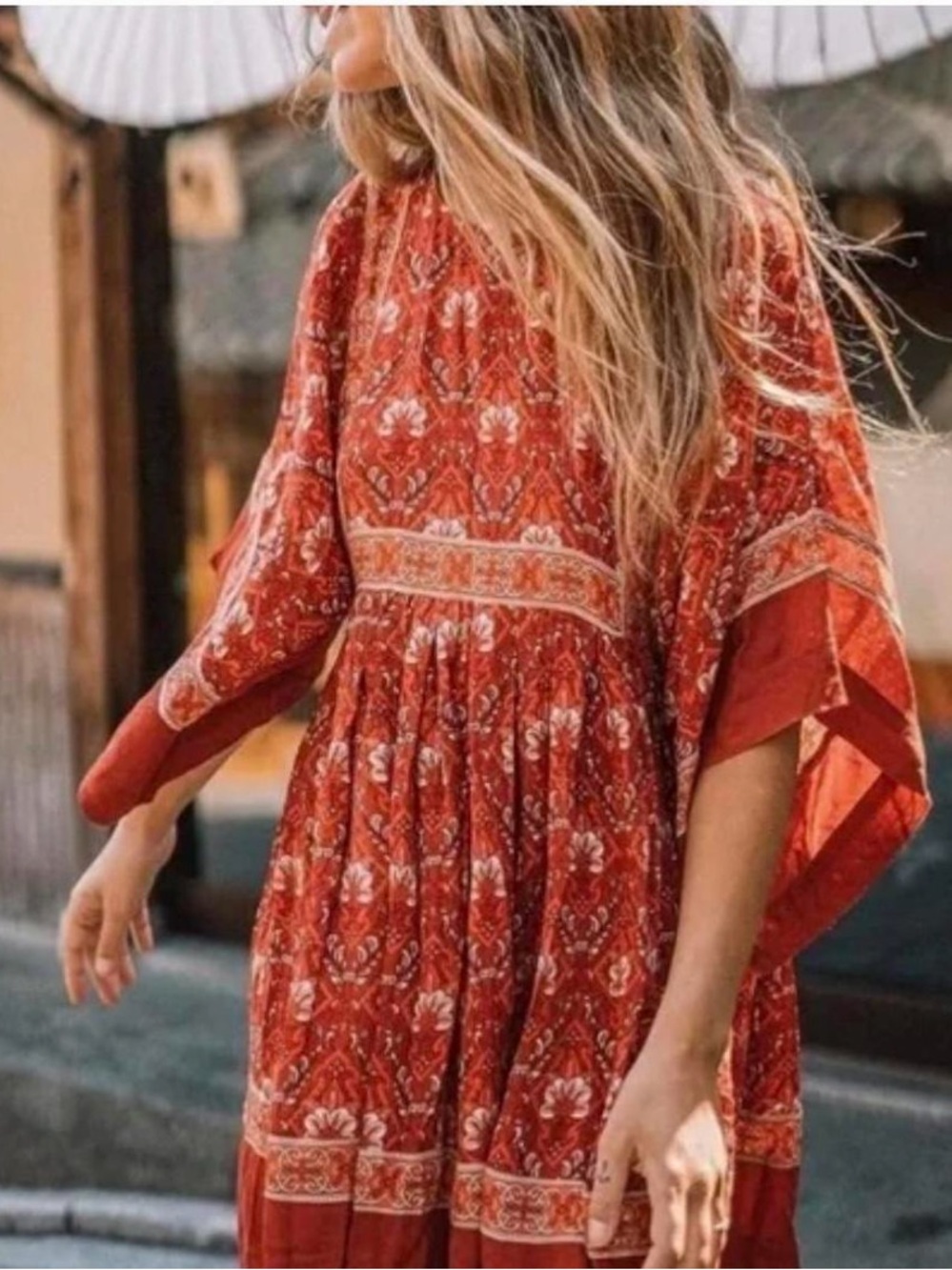 Lin Jia & Shop‎ Boho Orange Red Kimono Sleeve Floral Paisley Mini Dress Sz XL